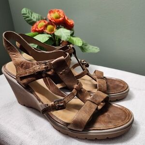 ECCO Brown Wedge Sandals with Stylish Straps and Medium Height Heel